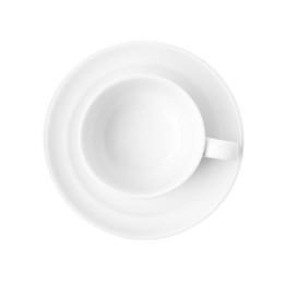 Photo of Cup and saucer isolated on white, top view