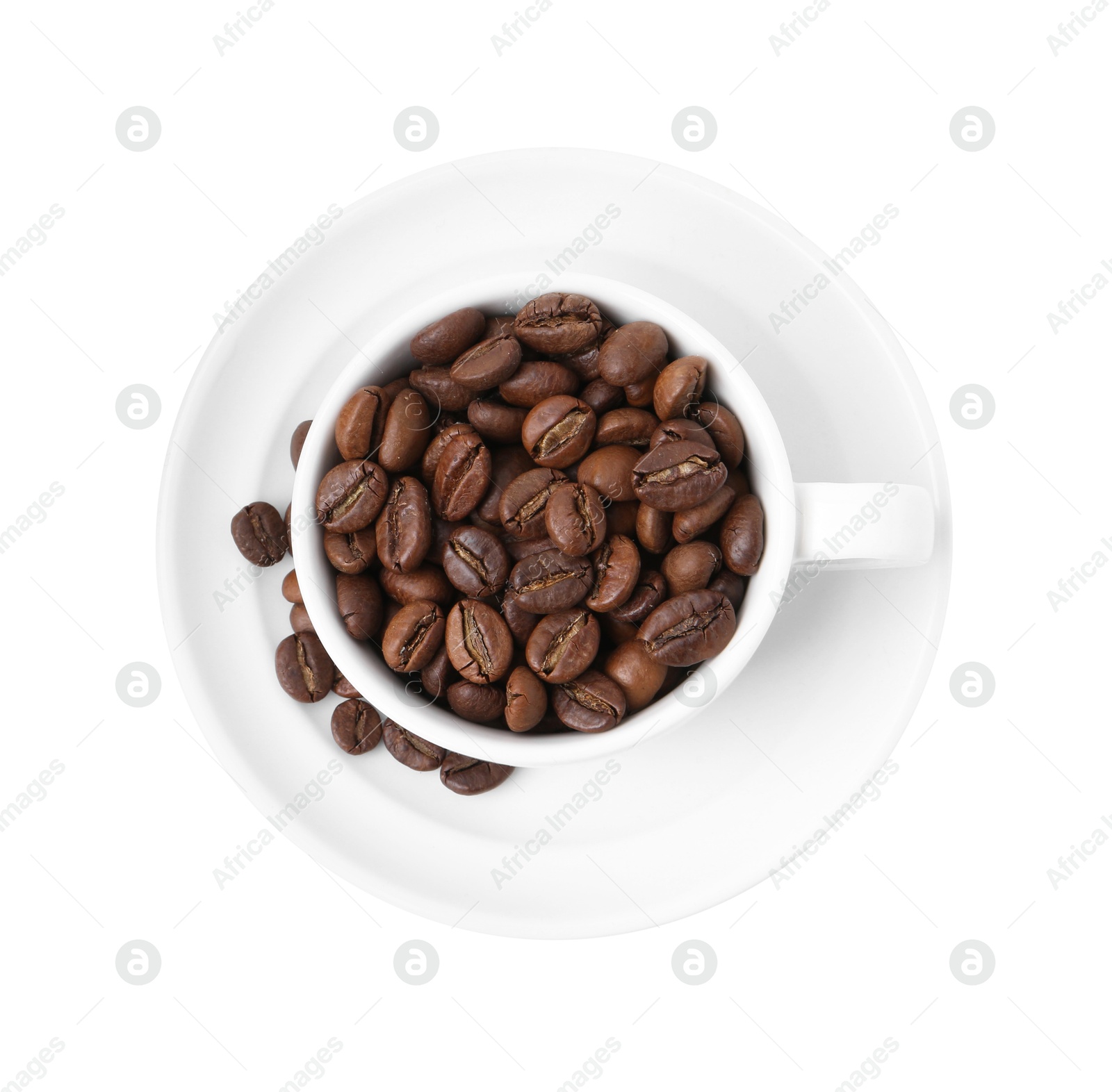 Aromatic coffee beans in cup isolated on white, top view Photo of Aromatic coffee beans in cup isolated on white, top view
