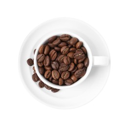 Photo of Aromatic coffee beans in cup isolated on white, top view