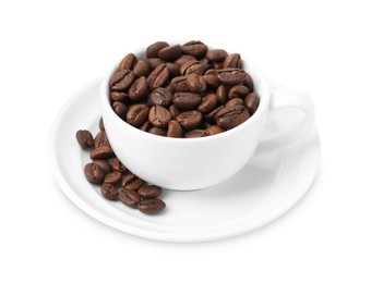 Photo of Aromatic coffee beans in cup isolated on white