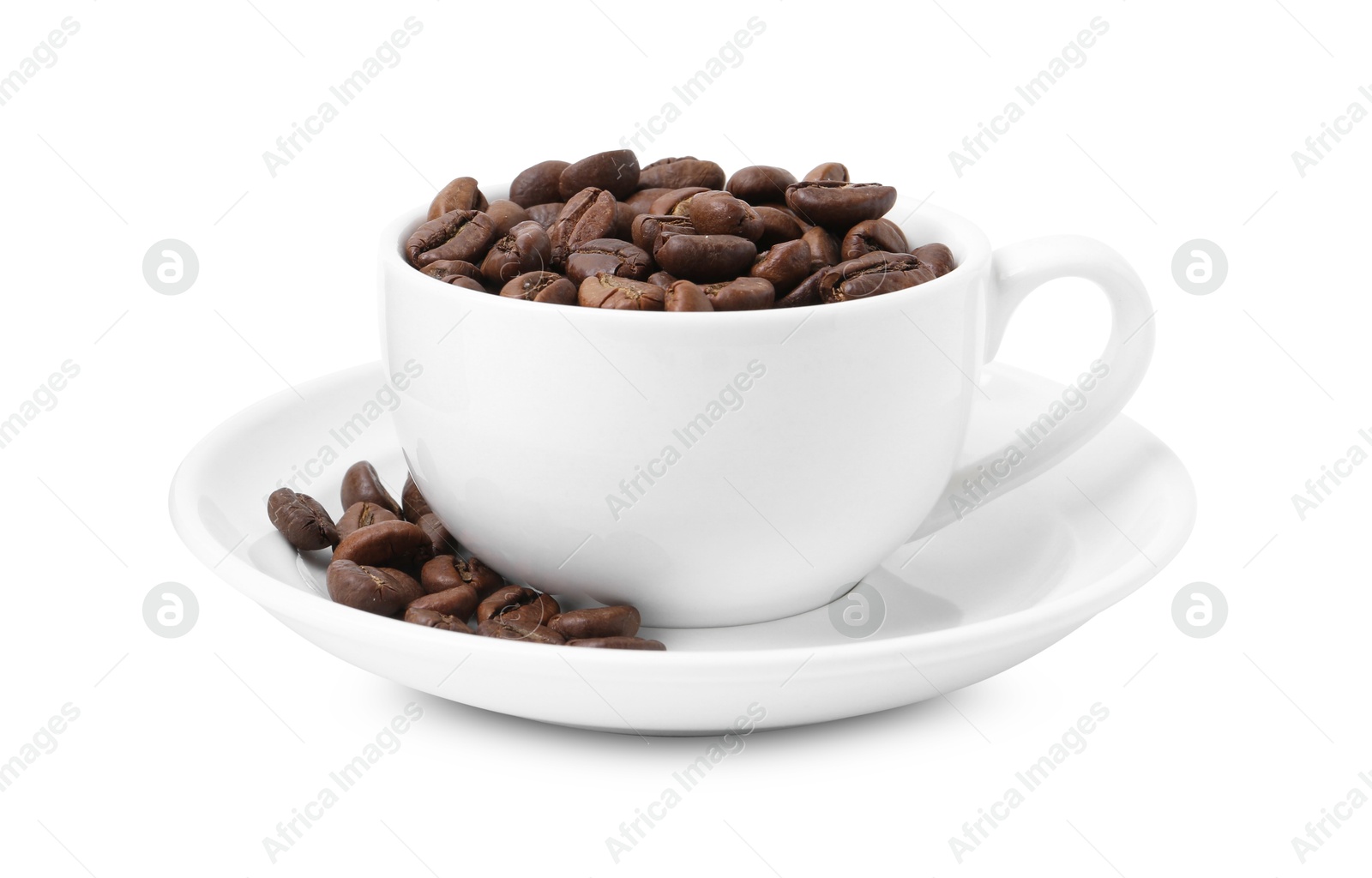 Aromatic coffee beans in cup isolated on white Photo of Aromatic coffee beans in cup isolated on white