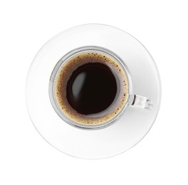 Photo of Aromatic coffee in cup isolated on white, top view