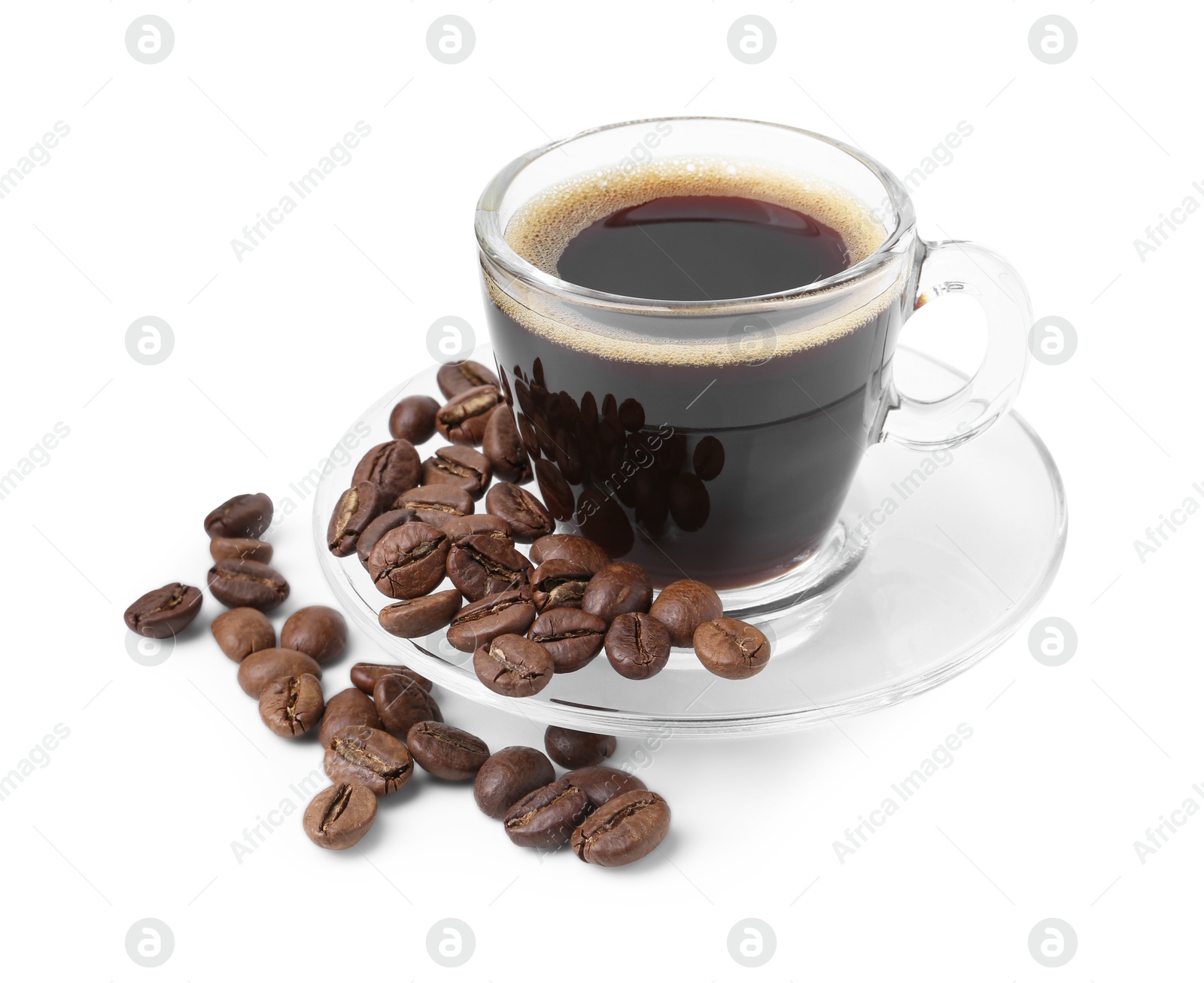 Aromatic coffee in cup and beans isolated on white Photo of Aromatic coffee in cup and beans isolated on white