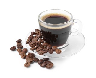 Photo of Aromatic coffee in cup and beans isolated on white