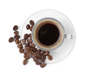 Photo of Aromatic coffee in cup and beans isolated on white, top view