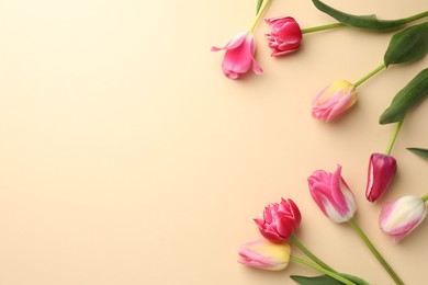 Photo of Beautiful tulips on beige background, flat lay. Space for text