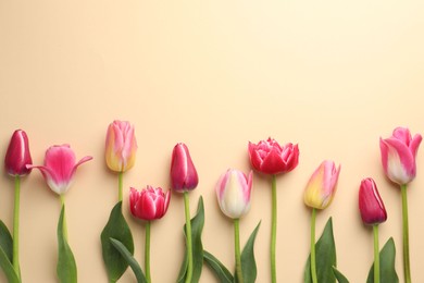 Photo of Beautiful tulips on beige background, flat lay. Space for text
