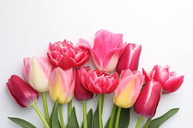 Photo of Beautiful tulips on white background, flat lay