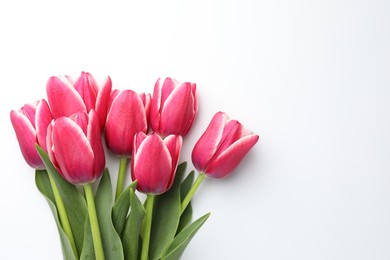 Photo of Beautiful tulips on white background, flat lay. Space for text