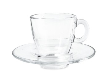 Photo of One empty glass cup isolated on white