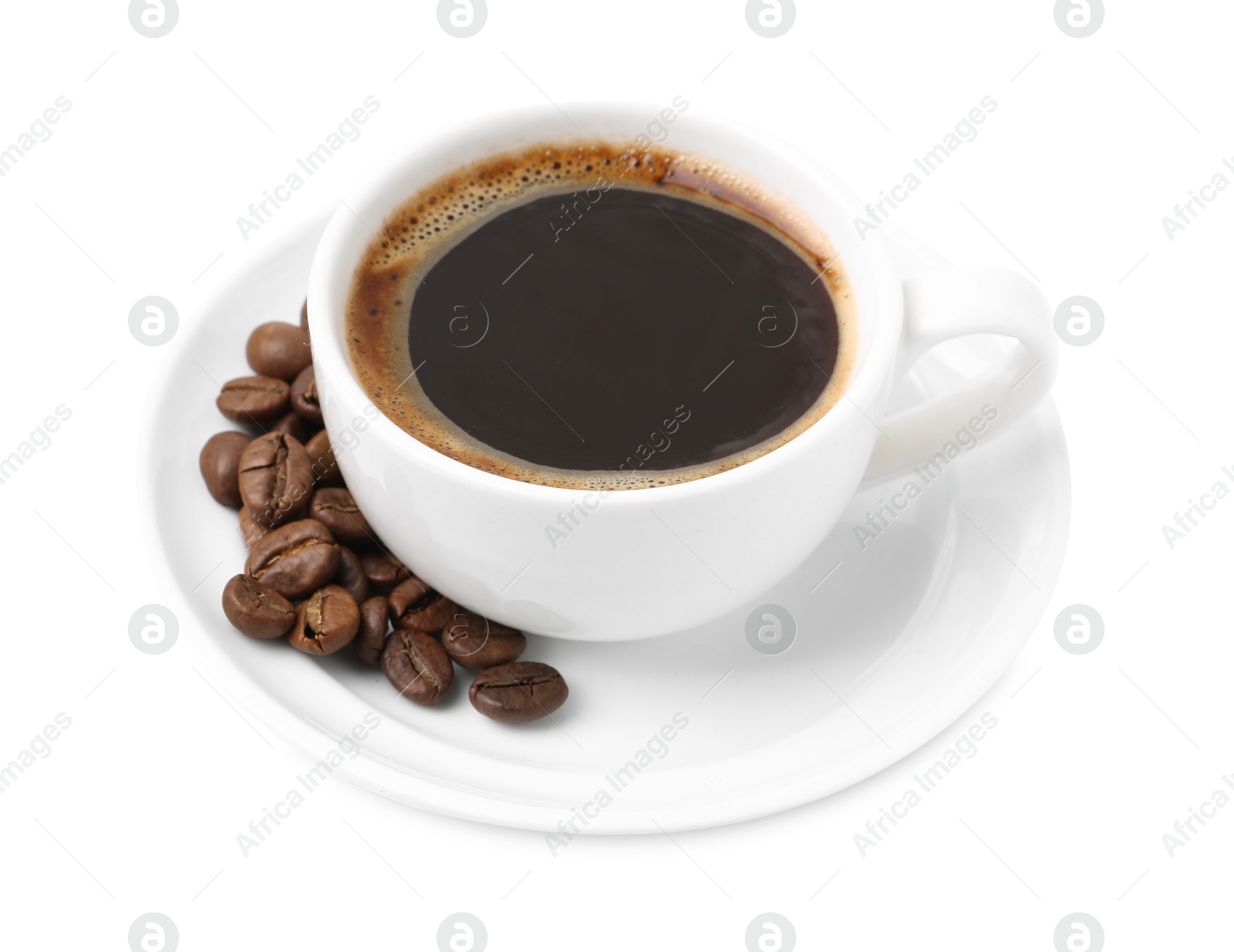 Aromatic coffee in cup, beans and saucer isolated on white Photo of Aromatic coffee in cup, beans and saucer isolated on white