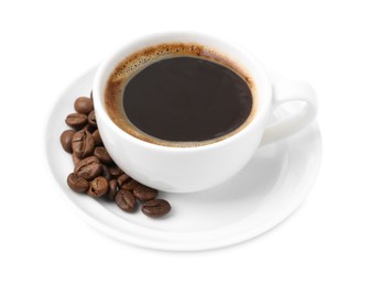 Photo of Aromatic coffee in cup, beans and saucer isolated on white