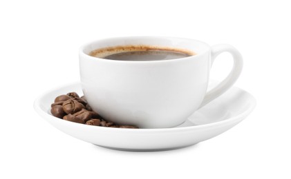 Photo of Aromatic coffee in cup, beans and saucer isolated on white