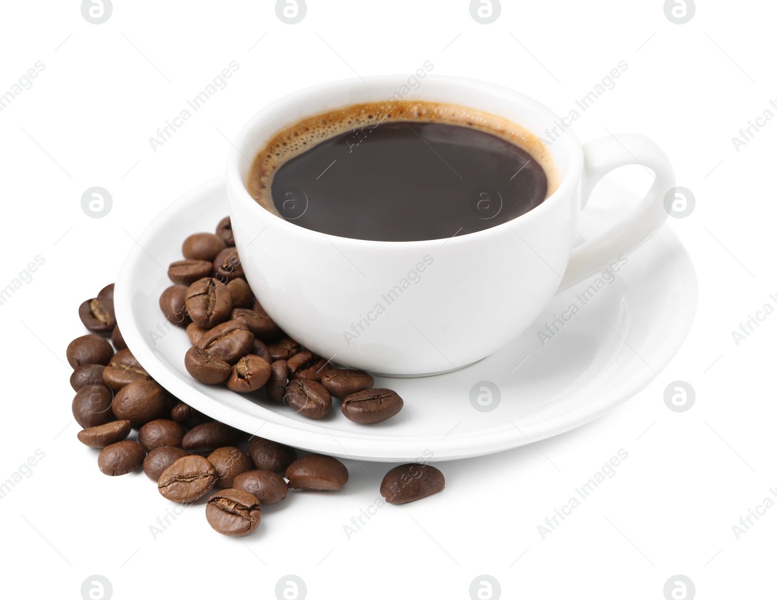 Aromatic coffee in cup, beans and saucer isolated on white Photo of Aromatic coffee in cup, beans and saucer isolated on white