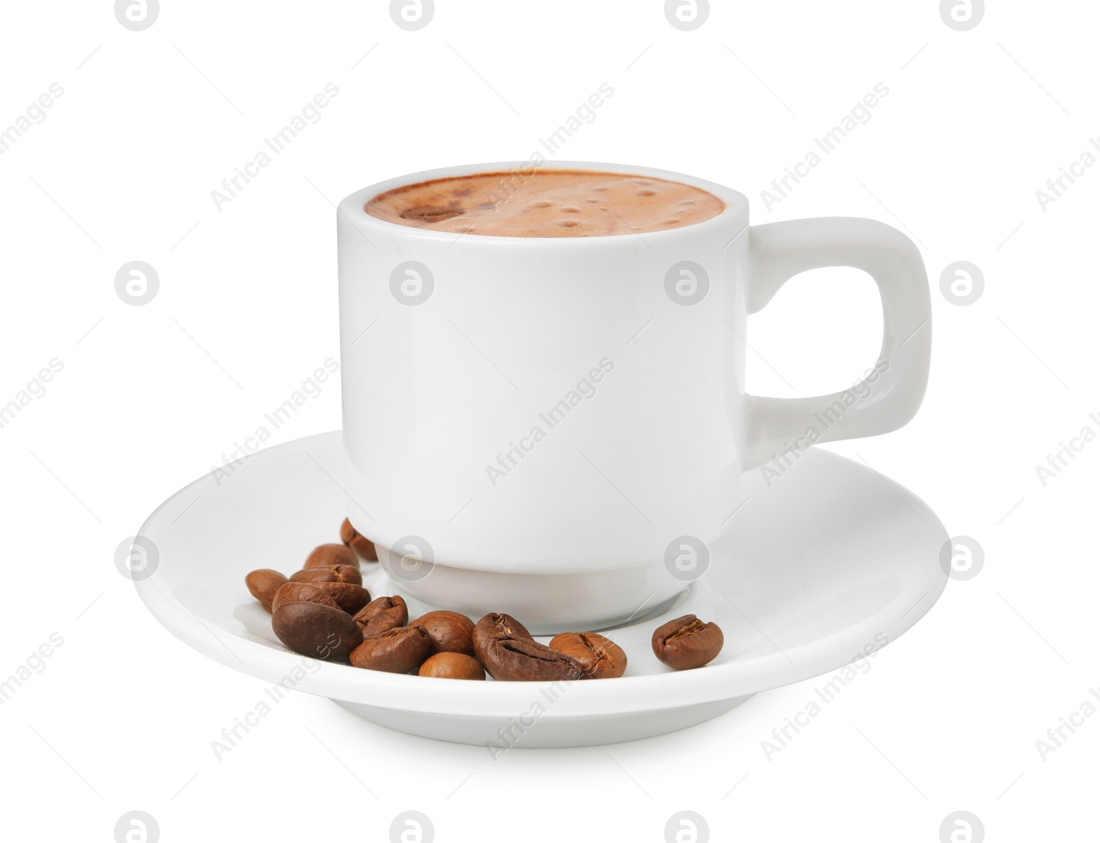 Aromatic coffee in cup, beans and saucer isolated on white Photo of Aromatic coffee in cup, beans and saucer isolated on white