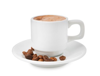 Photo of Aromatic coffee in cup, beans and saucer isolated on white
