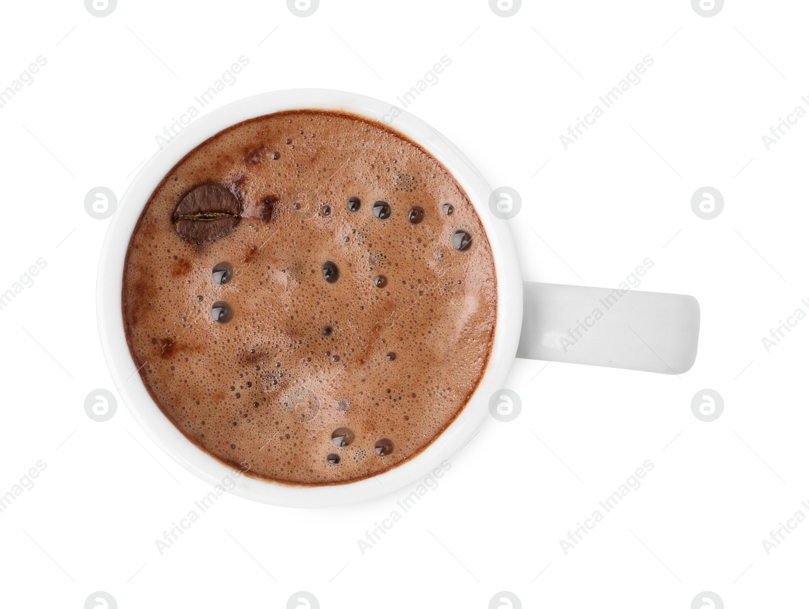 Aromatic coffee in cup isolated on white, top view Photo of Aromatic coffee in cup isolated on white, top view