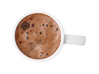 Photo of Aromatic coffee in cup isolated on white, top view