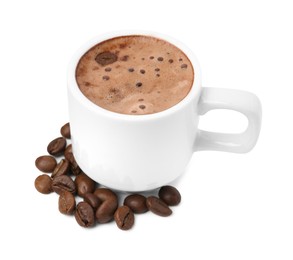 Photo of Aromatic coffee in cup and beans isolated on white