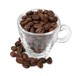 Photo of Aromatic coffee beans in cup isolated on white
