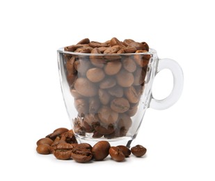 Photo of Aromatic coffee beans in cup isolated on white