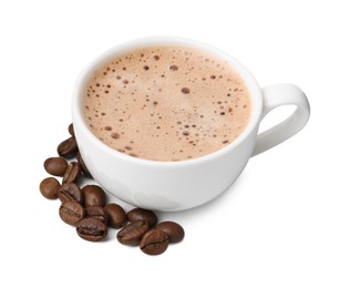 Photo of Aromatic coffee in cup and beans isolated on white