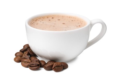 Photo of Aromatic coffee in cup and beans isolated on white