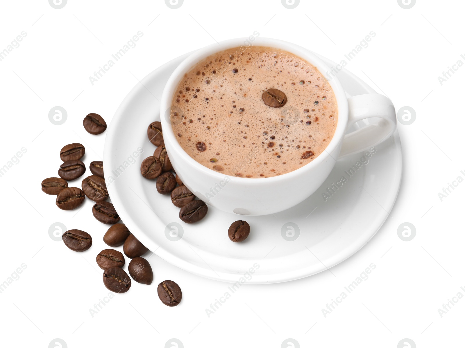 Aromatic coffee in cup, beans and saucer isolated on white Photo of Aromatic coffee in cup, beans and saucer isolated on white