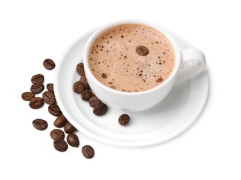 Photo of Aromatic coffee in cup, beans and saucer isolated on white