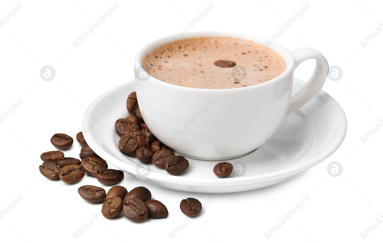 Aromatic coffee in cup, beans and saucer isolated on white Photo of Aromatic coffee in cup, beans and saucer isolated on white