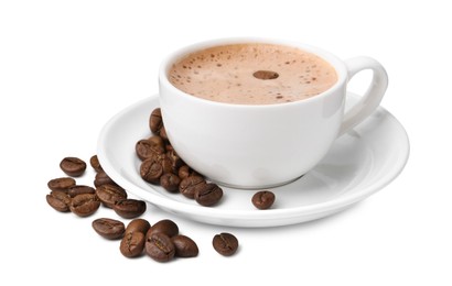 Photo of Aromatic coffee in cup, beans and saucer isolated on white
