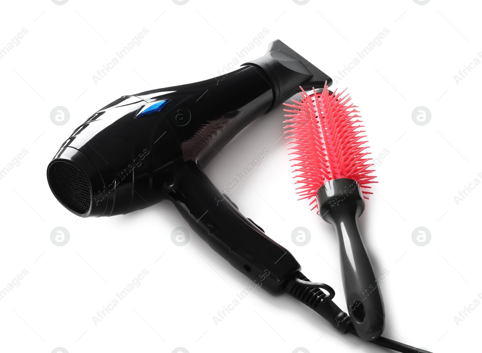 Photo of Hair dryer and brush isolated on white. Hairdresser's tools