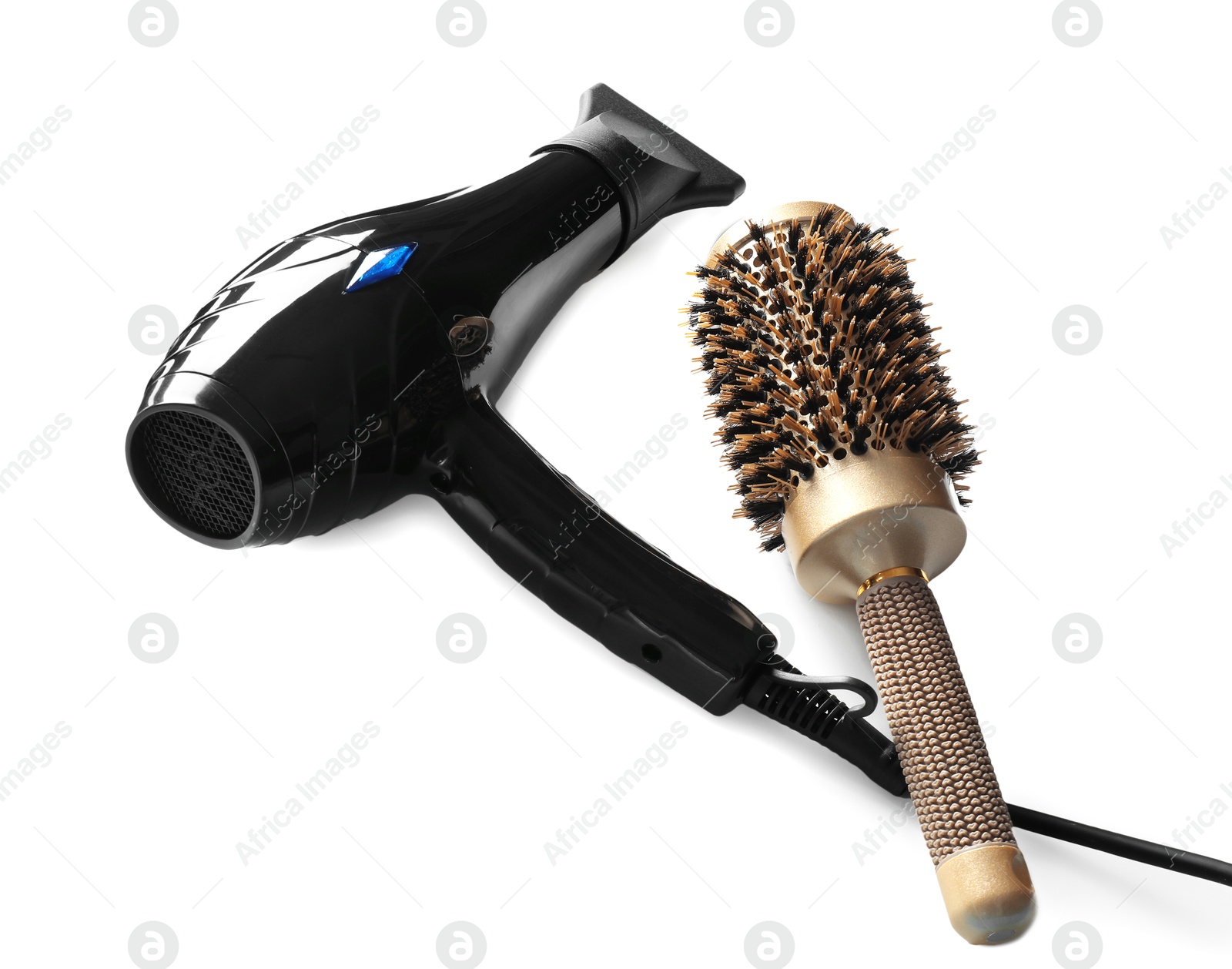 Photo of Hair dryer and brush isolated on white. Hairdresser's tools