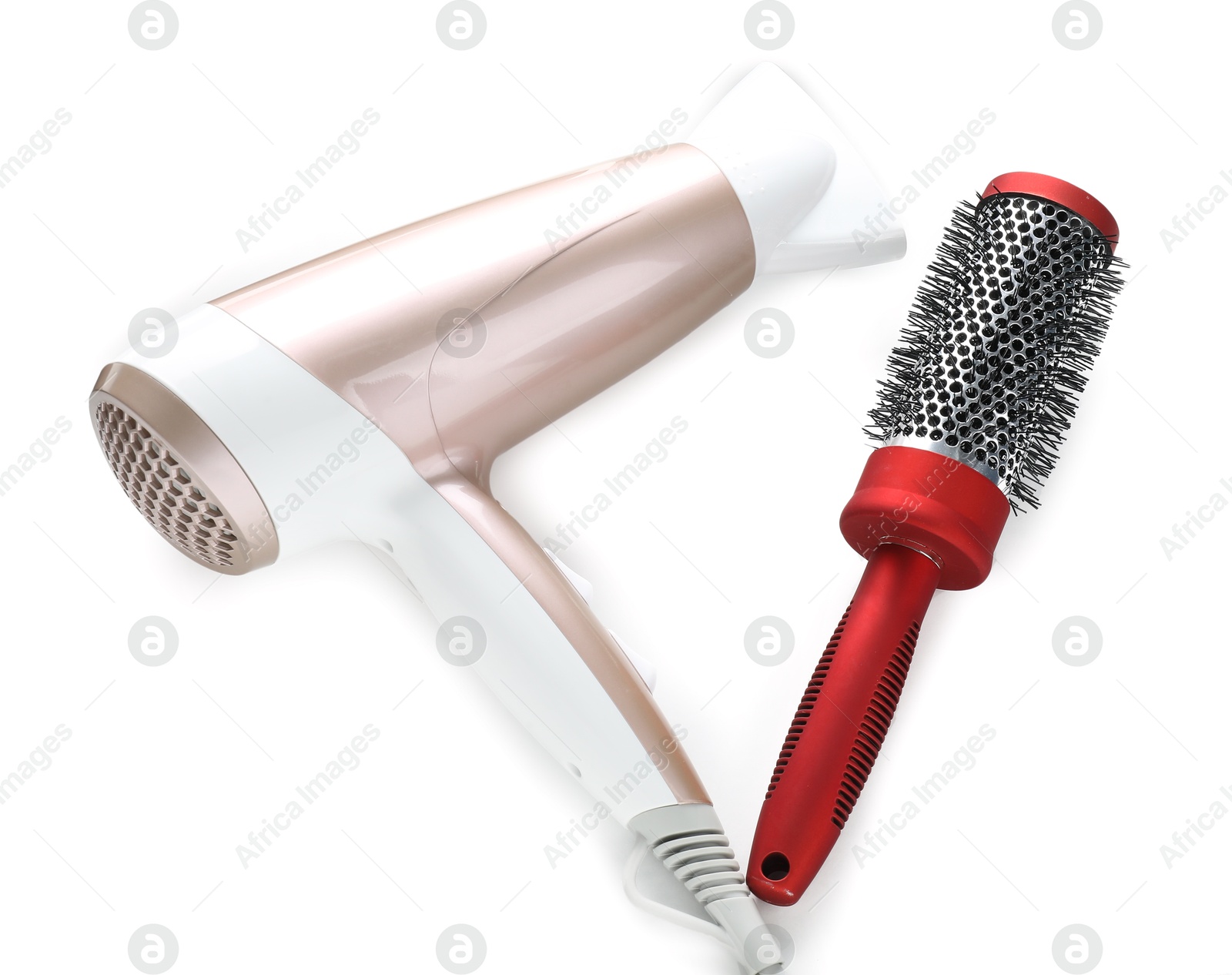 Photo of Hair dryer and brush isolated on white. Hairdresser's tools
