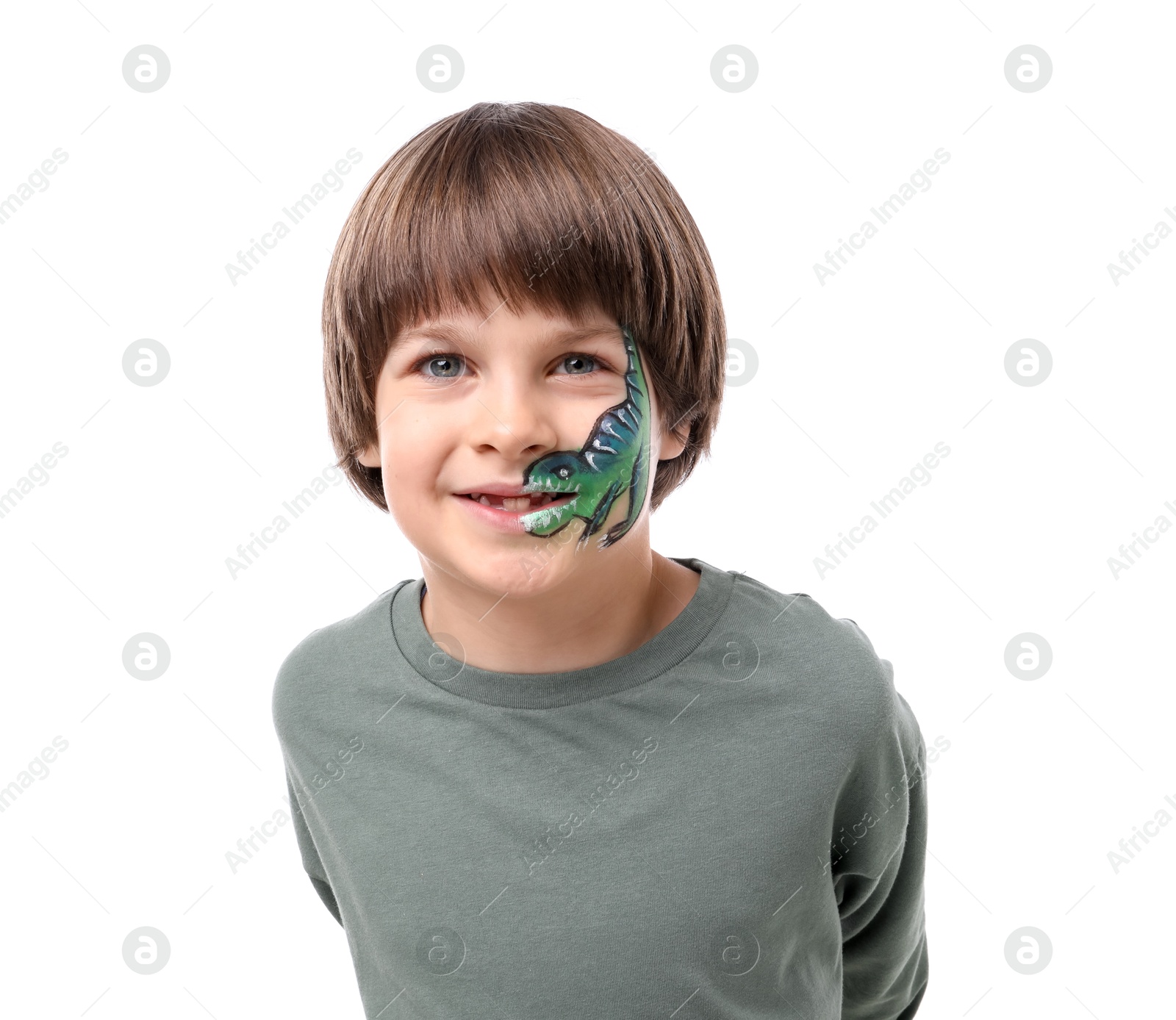 Cute boy with dinosaur face painting on white background Photo of Cute boy with dinosaur face painting on white background