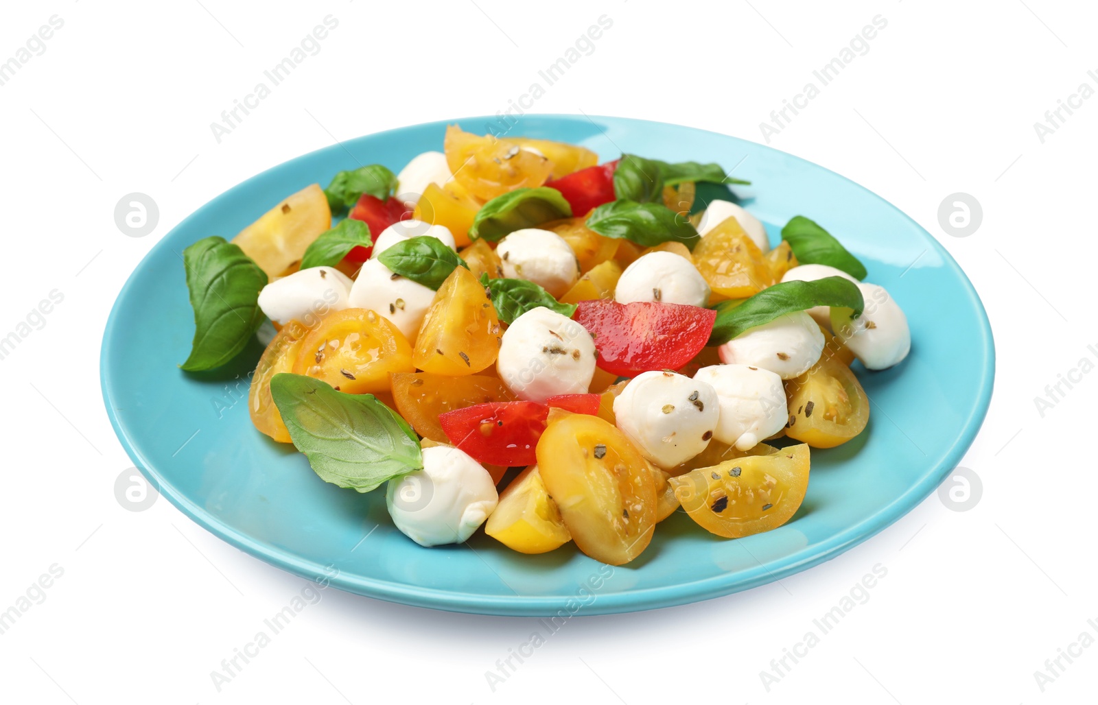 Tasty salad with yellow tomatoes, basil and mozzarella cheese isolated on white Photo of Tasty salad with yellow tomatoes, basil and mozzarella cheese isolated on white