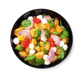 Photo of Tasty salad with yellow tomatoes, basil, onion and mozzarella cheese isolated on white, top view