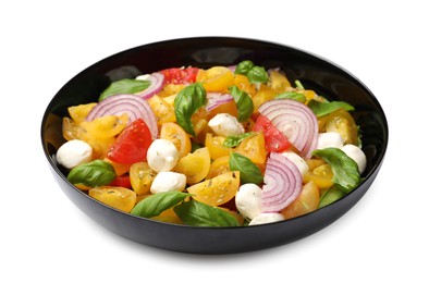 Photo of Tasty salad with yellow tomatoes, basil, onion and mozzarella cheese isolated on white