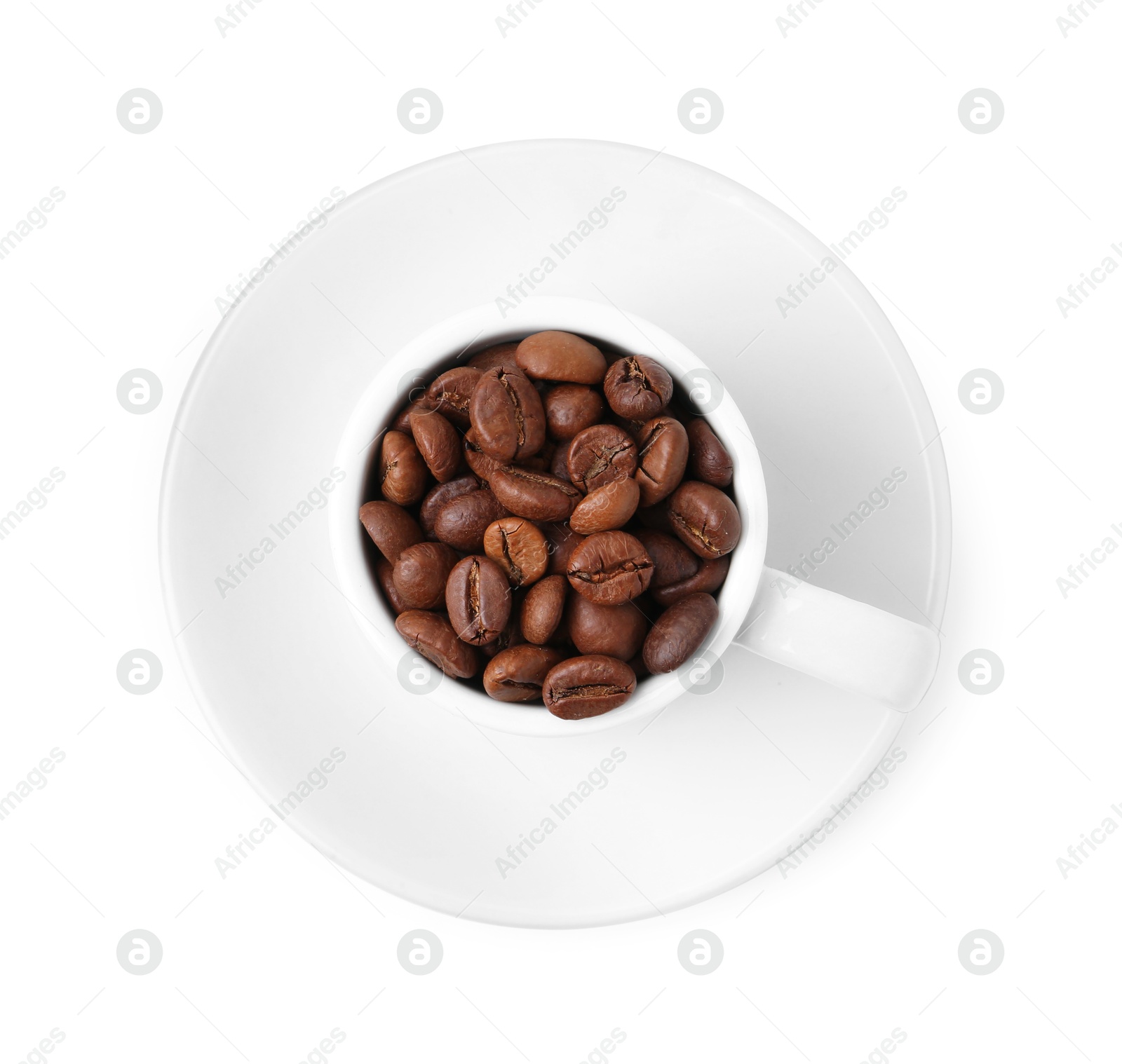Aromatic coffee beans in cup isolated on white, top view Photo of Aromatic coffee beans in cup isolated on white, top view