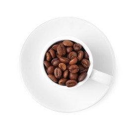 Photo of Aromatic coffee beans in cup isolated on white, top view