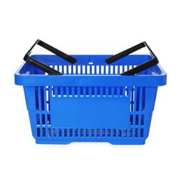 Photo of One blue shopping basket isolated on white