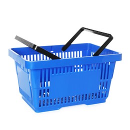 Photo of One blue shopping basket isolated on white