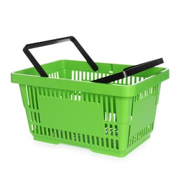Photo of One green shopping basket isolated on white
