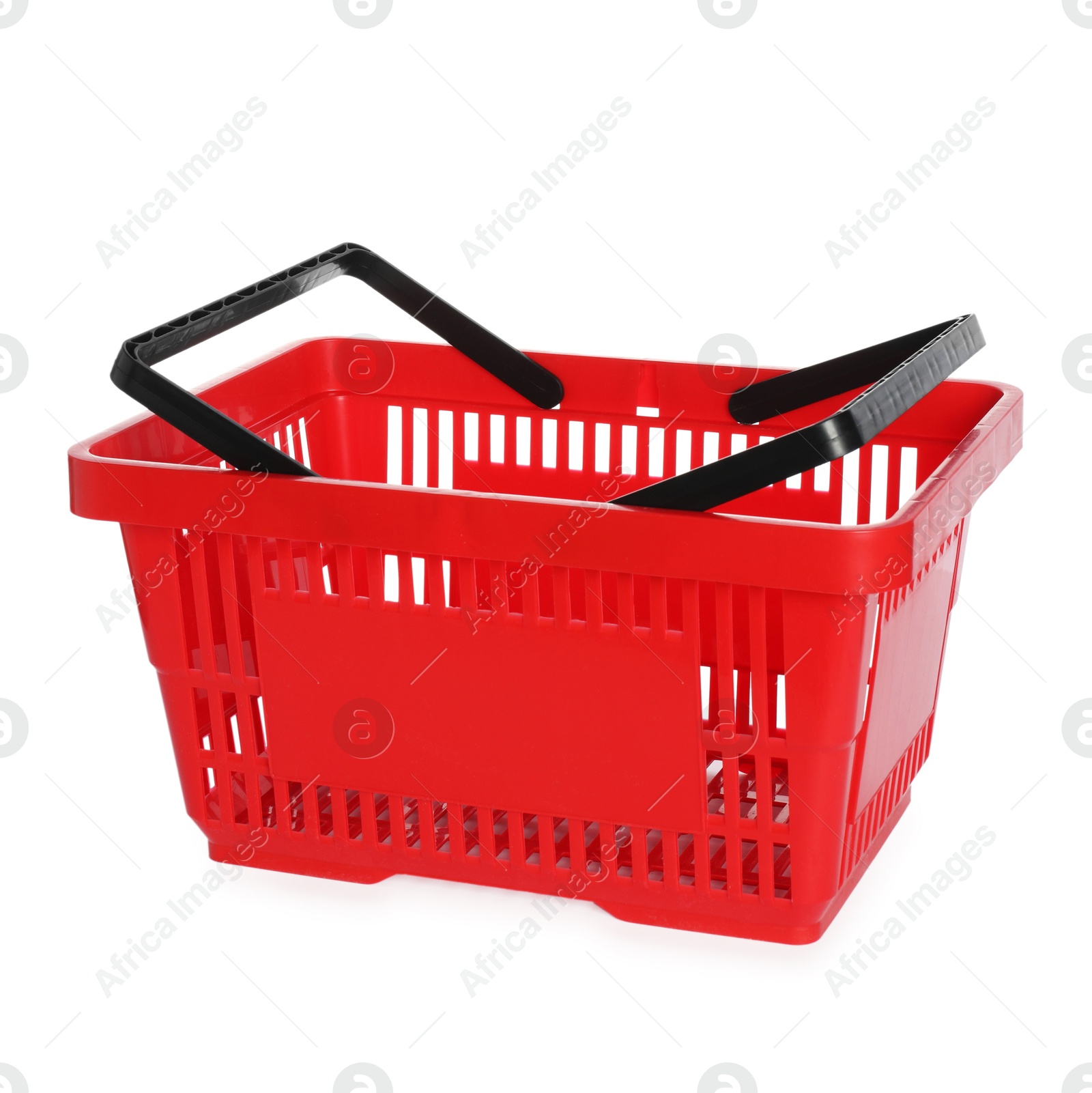 One red shopping basket isolated on white Photo of One red shopping basket isolated on white