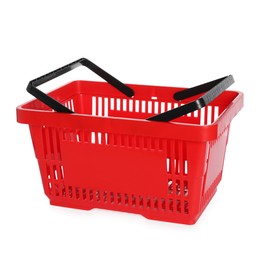 Photo of One red shopping basket isolated on white