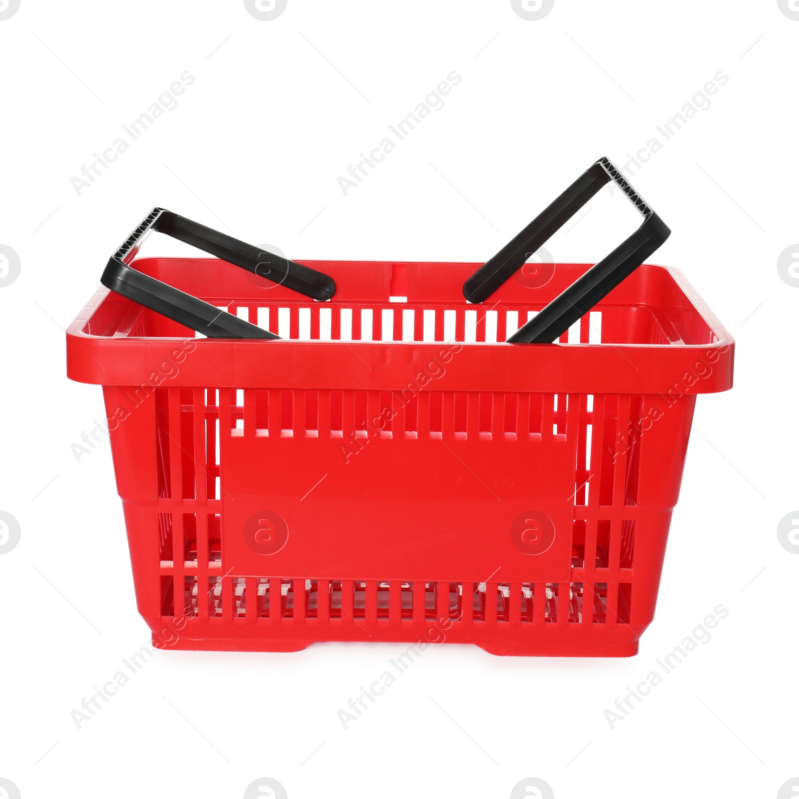 One red shopping basket isolated on white Photo of One red shopping basket isolated on white