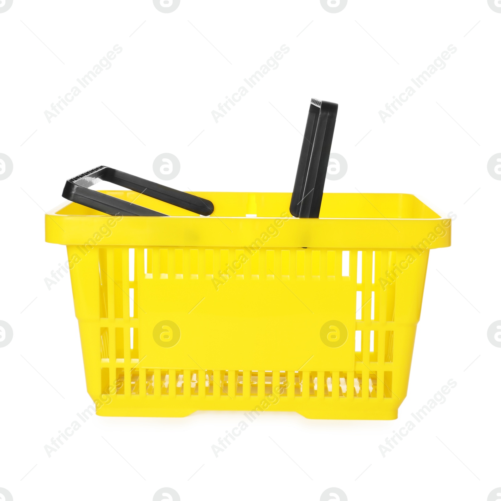 One yellow shopping basket isolated on white Photo of One yellow shopping basket isolated on white