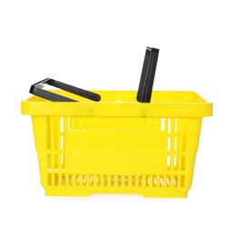 Photo of One yellow shopping basket isolated on white