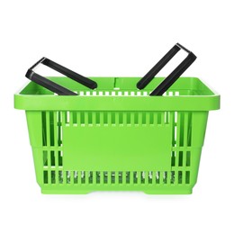 Photo of One green shopping basket isolated on white