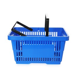 Photo of One blue shopping basket isolated on white